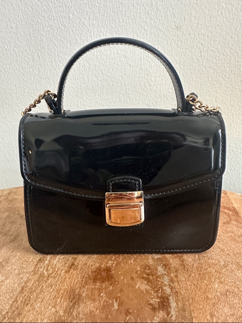 Black Patent Top-Handle Bag with Gold Hardware